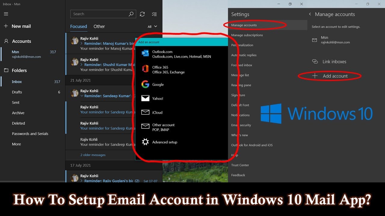 How do I delete an email account from my laptop?