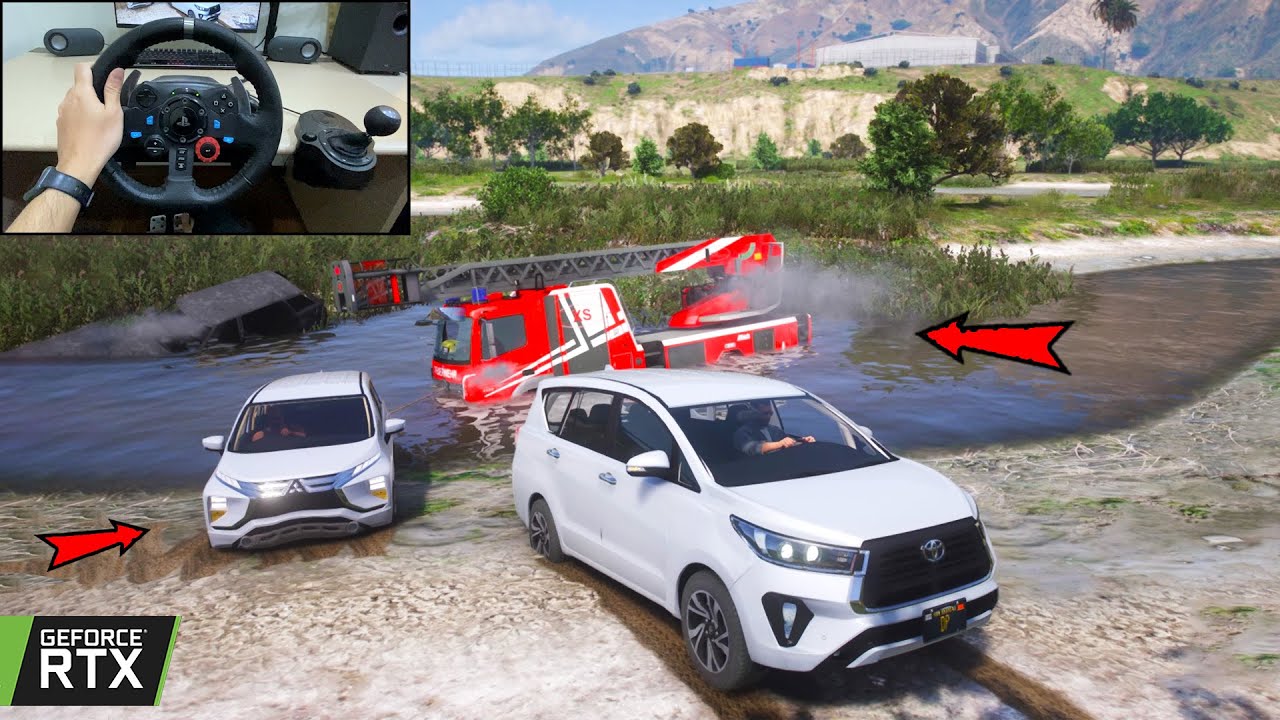 GTA 5 - Toyota Innova & Mitsubishi Xpander Towing Abandoned Fire Truck in Swamp