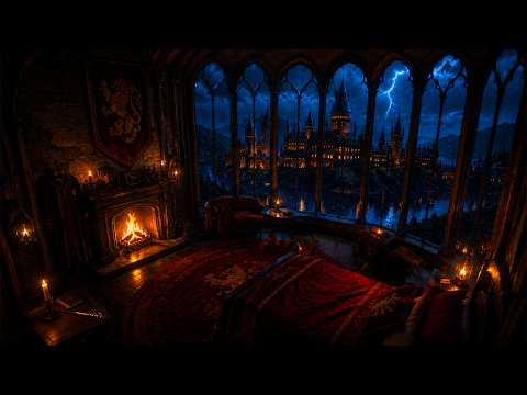Hogwarts Glows Through the Rain as Relaxing Piano Music and Fireplace Sounds Carry You to Sleep