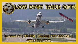 LOW B757 TAKE OFF RUNWAY 10/Icelandair Boeing 757 ''TF-FIK'' at Zurich-Kloten (with live ATC)
