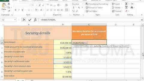 Use the DURATION function to calculate the Macaulay duration (Excel 2013)