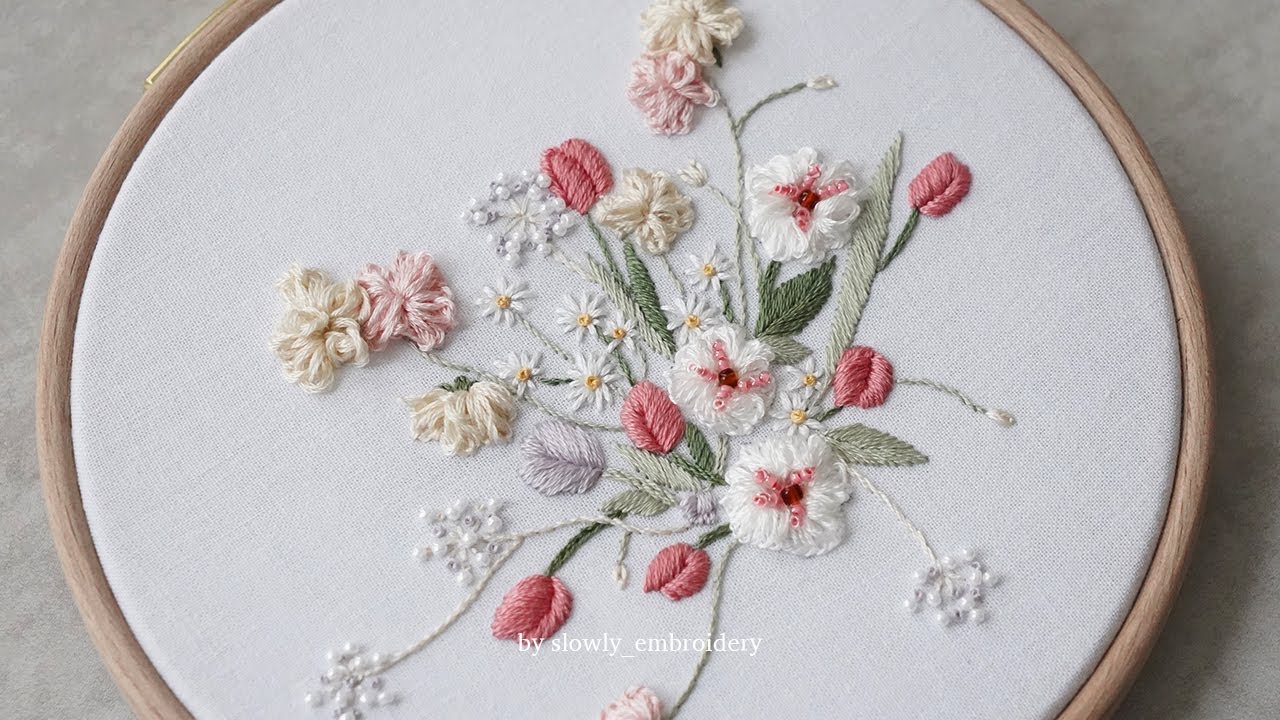 프랑스자수 핑크빛꽃다발 💘 Hand Embroidery A pinkish bouquet