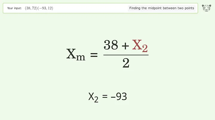 Find the midpoint between two points p1 (38,72) and p2 (-93,12): Step-by-Step Video Solution