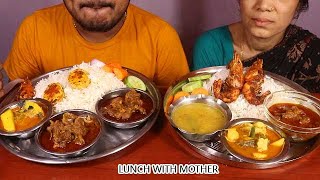 massive bengali thali lunch with my mother-spicy mutton jhul,fish curry.prawn fry,boiled eggfry,dal