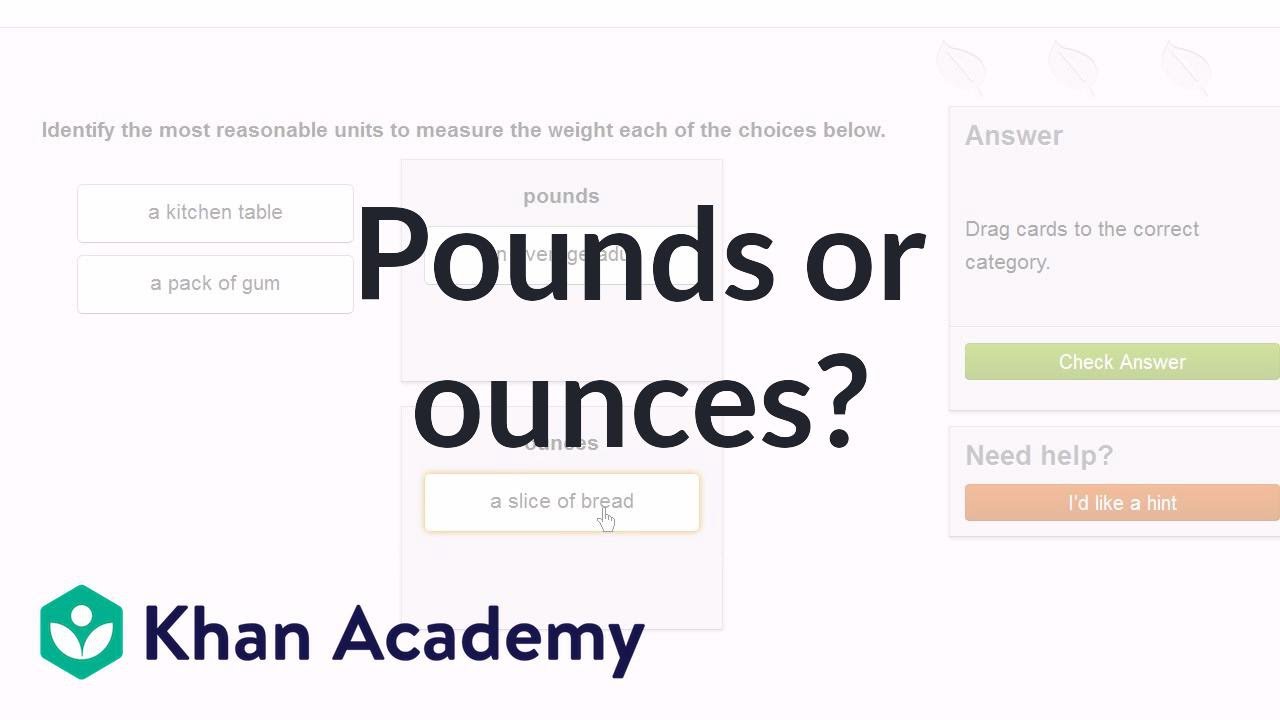 Choose pounds or ounces to measure weight (video)  Khan Academy