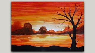 silhouette sunset painting tree volcano acrylic island paintings paintingvalley canvas landscape categories related