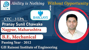 Congrats, Pranay | Selected in " Barclays " | 3 LPA | MECHANICAL ENGINEER, Passing 2012 | Nagpur