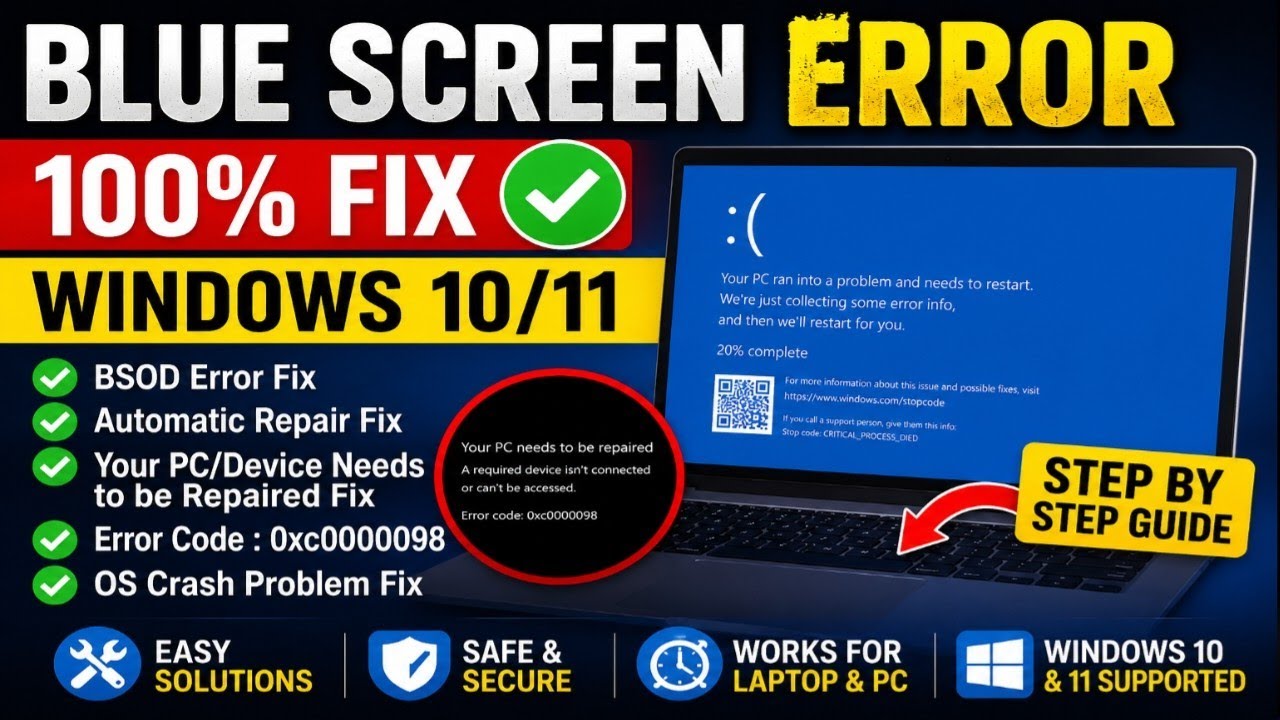 Window blue screen problem, your PC needs to be restart, laptop restart ...