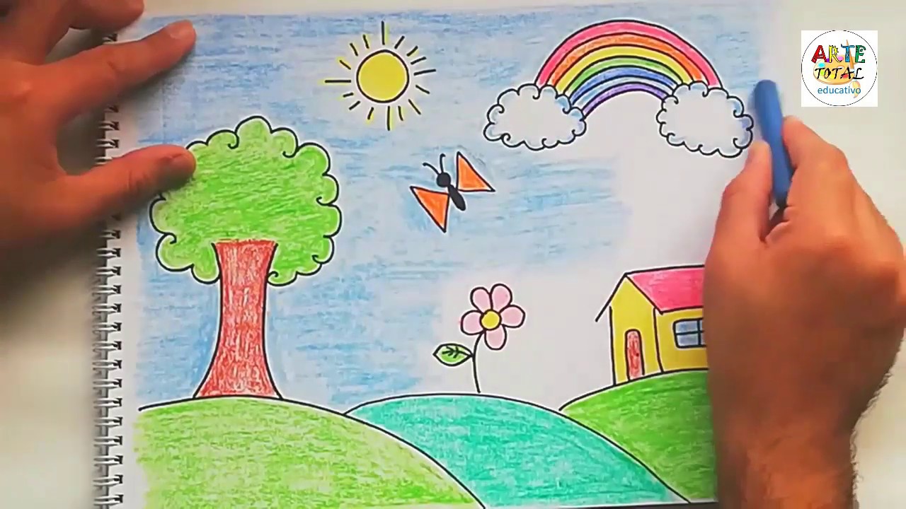 Pintando un paisaje natural con crayolas - Para niños - thptnganamst.edu.vn