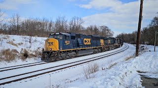 Fresh flared mac leader, vintage rolling stock on long CSX freight train in WV's Panhandle