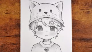 How to Draw a Cute Anime Boy with a Cat Hat | Easy Pencil Sketch screenshot 4