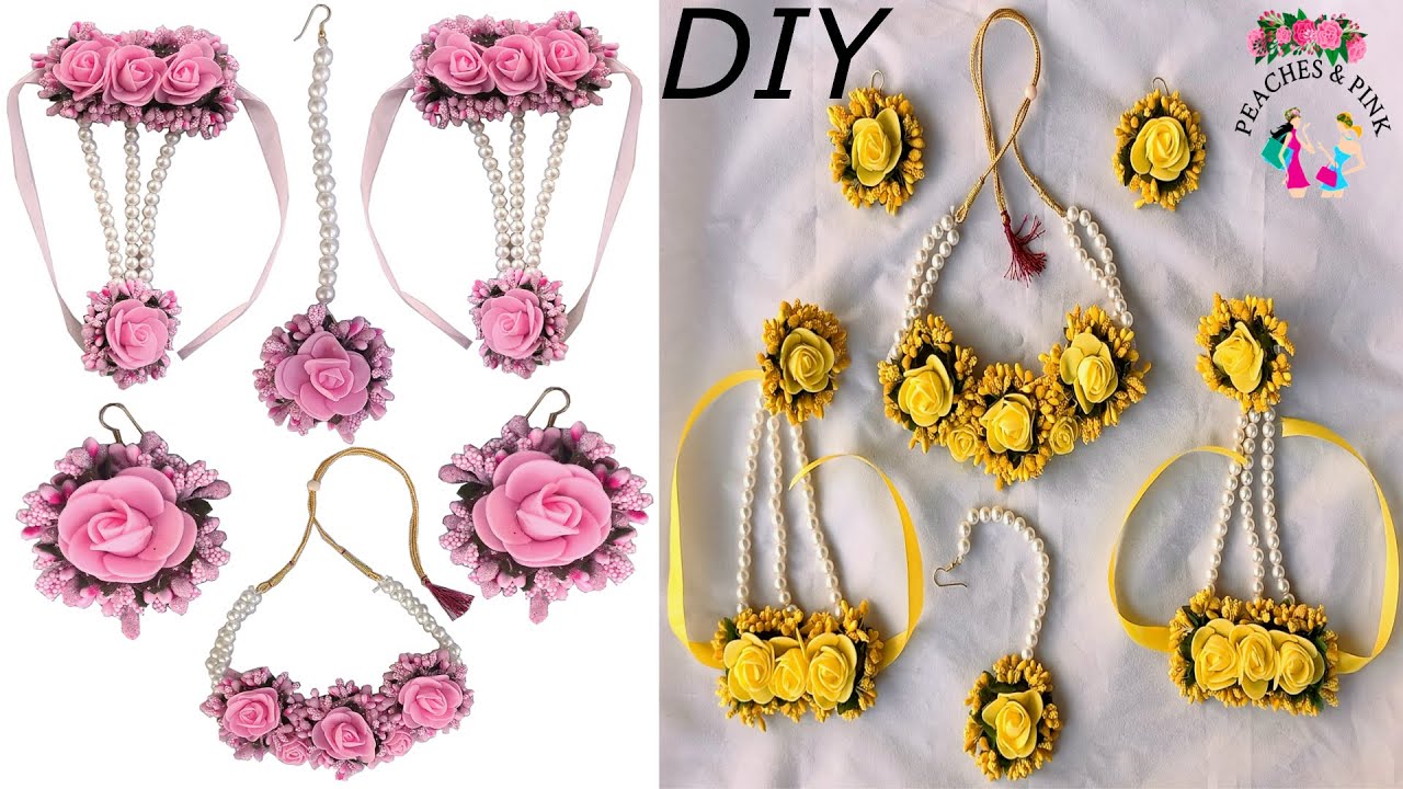 DIY Pink Foam Flower Jewellery Set for Haldi / Mehendi / Baby Showers