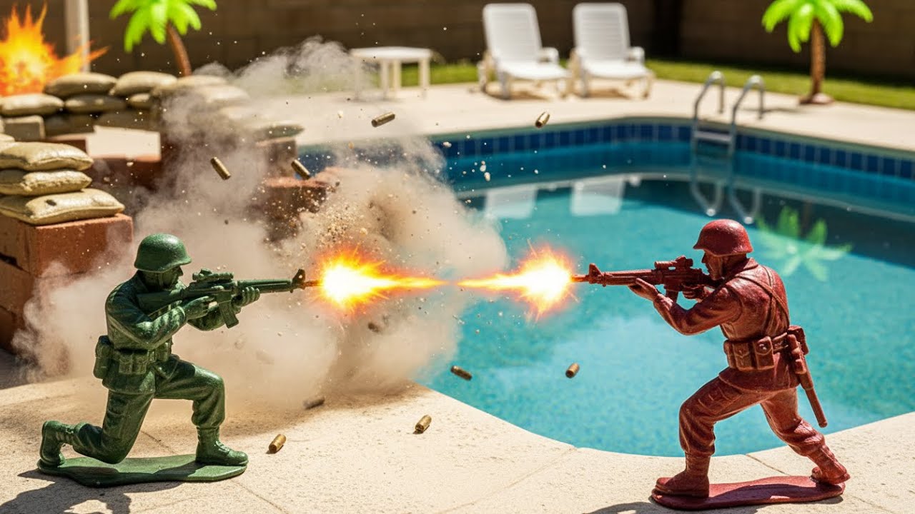 Toy Soldiers in Battle Green vs Red – Epic Fight at the Pool and Bunker