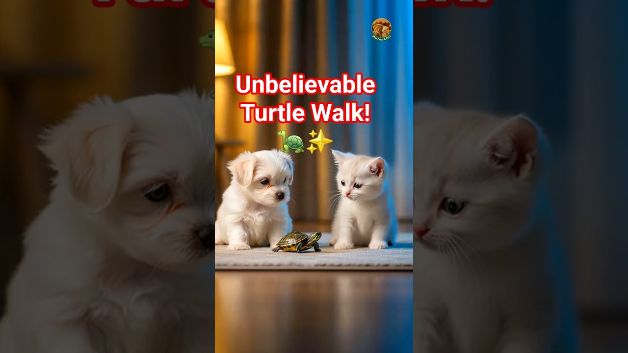A tiny turtle walks upright like a human!Puppy and kitten can’t stop staring in shock. 