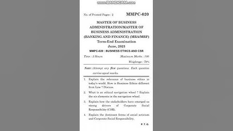 MMPC 020 question paper June 2023  #ethics #business #shorts #csr