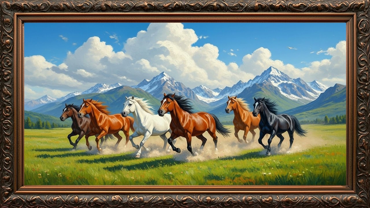 Golden Sunset Majesty Horse in Vintage Frame | Peaceful Equine Art Ambience