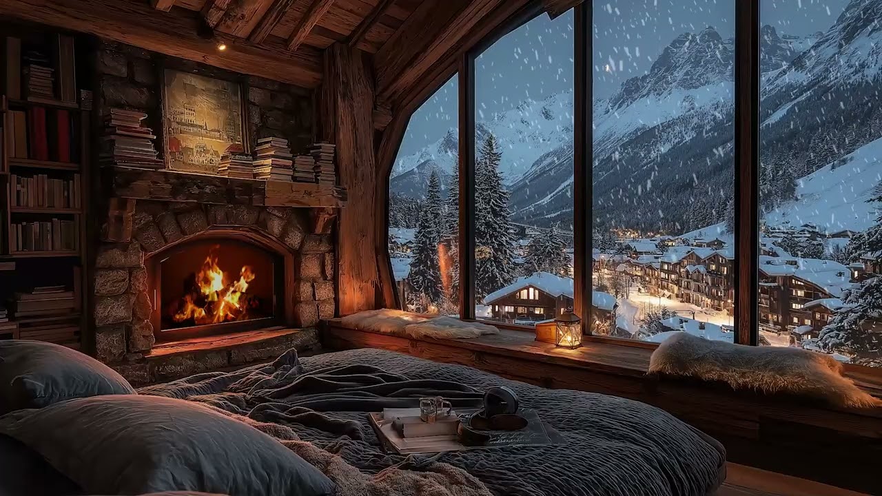 Cozy Cabin in the Woods with Crackling Fire and Snow Sounds for Calm Sleep and Focused Study