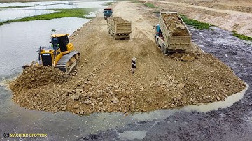 Incredible!! Crazy Pushing Build The New Road Cross Lake dozer Pushing Gravel & Dumptruck Unloading