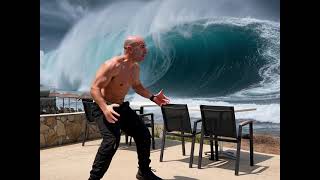 OXI! OXI! OXI!  Tsunami comes towards shore Crete. Greece 