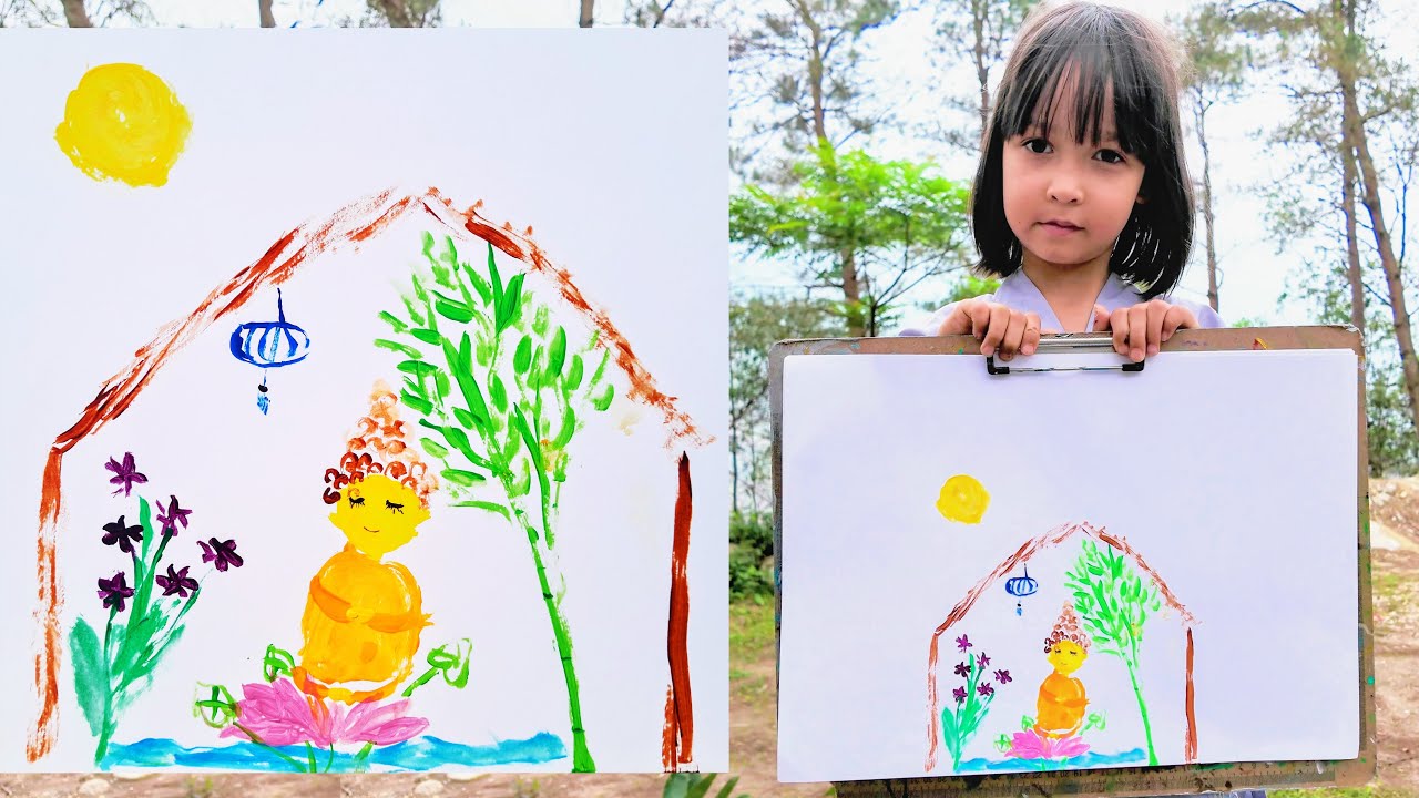 Buddha Painting by 6-Year-Old Kid Artist Mia Mai | Easy Cute Acrylic Art | Flowers, Sun, Nature Art