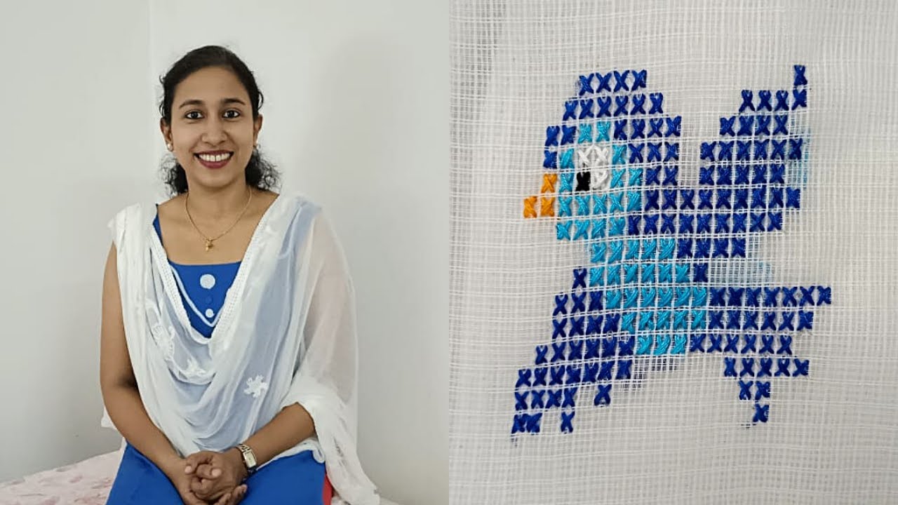 Cross Stitch design on check kotta saree | Cross stitch without net material | Designer saree