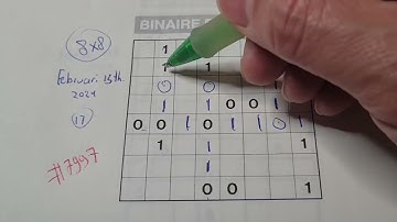 Tuesday. Bonus Extra edition. (#7997) Binary01 Sudoku puzzle.  02-13-2024 Extra part 3 of 4