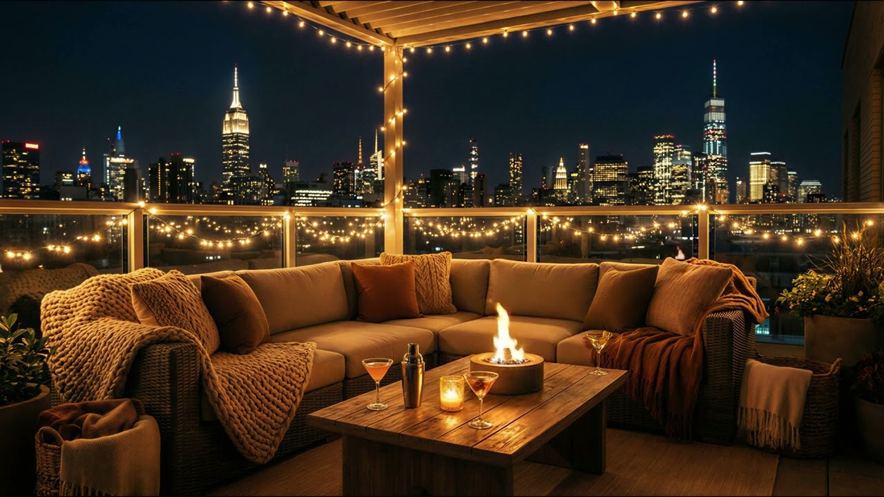 Cozy New York Balcony Night | Twinkling Fairy Lights & City Skyline | 4K 8 Hours Relaxing Ambience