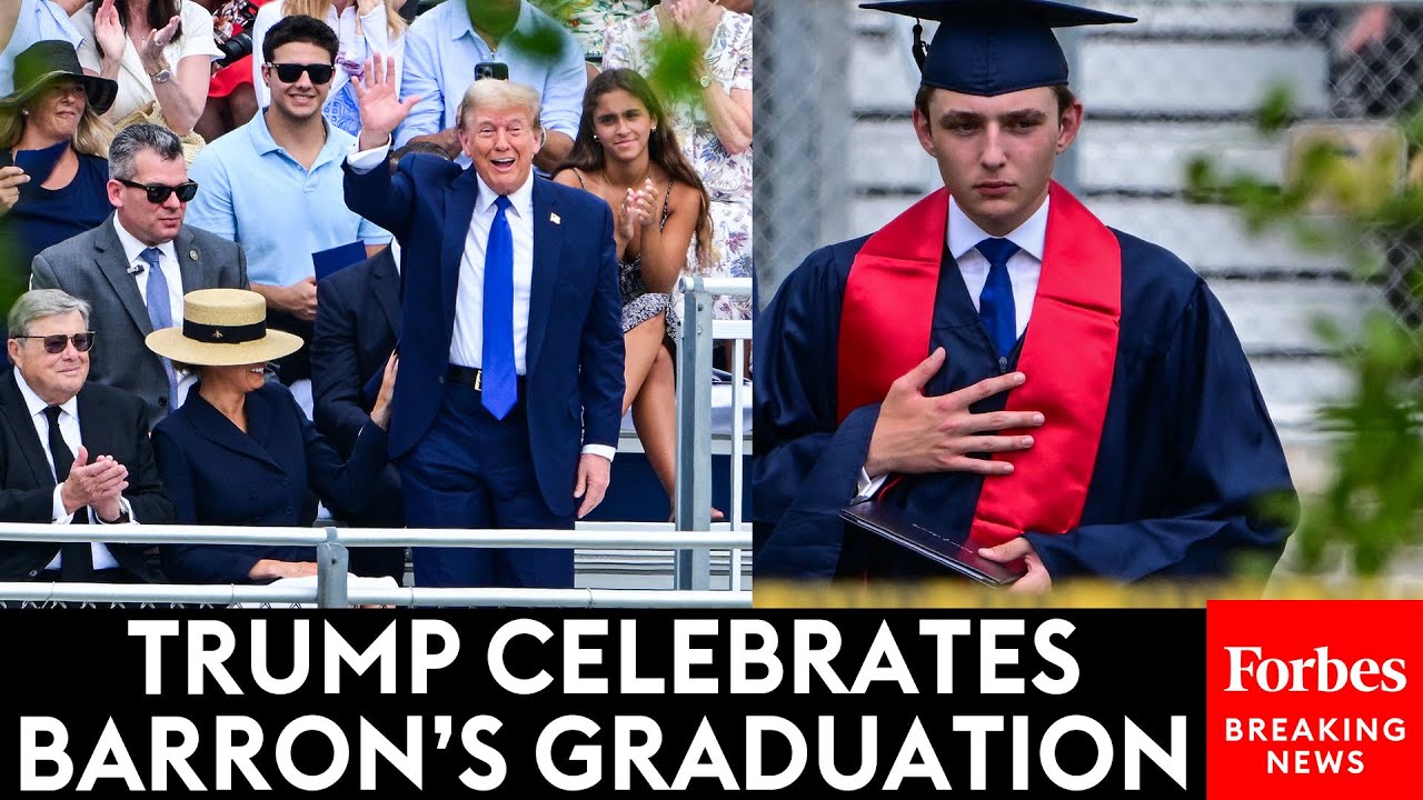 Towering Barron Trump walks at high school graduation as proud parents Donald and Melania look on