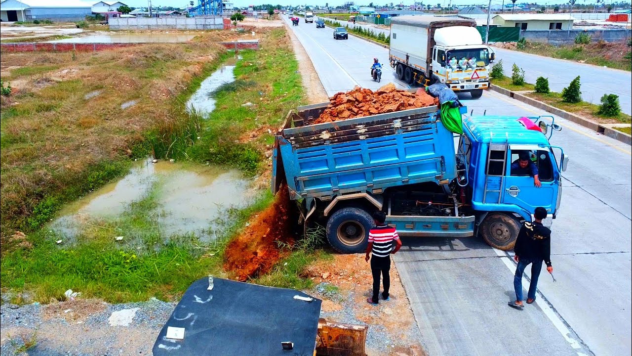 Wonderful Start New Project!! Filling Drain System Along High Way Road Use Strong Dozer & 5ton Truck
