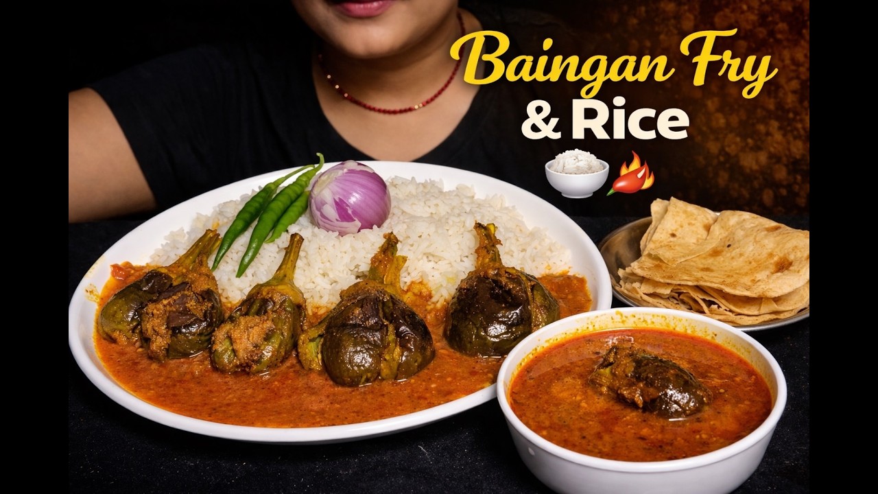 Eating Lots of Spicy Baigan + Rice + Roti + Curry + Salad +  Indian tasty khana + ASMR + Mukbang