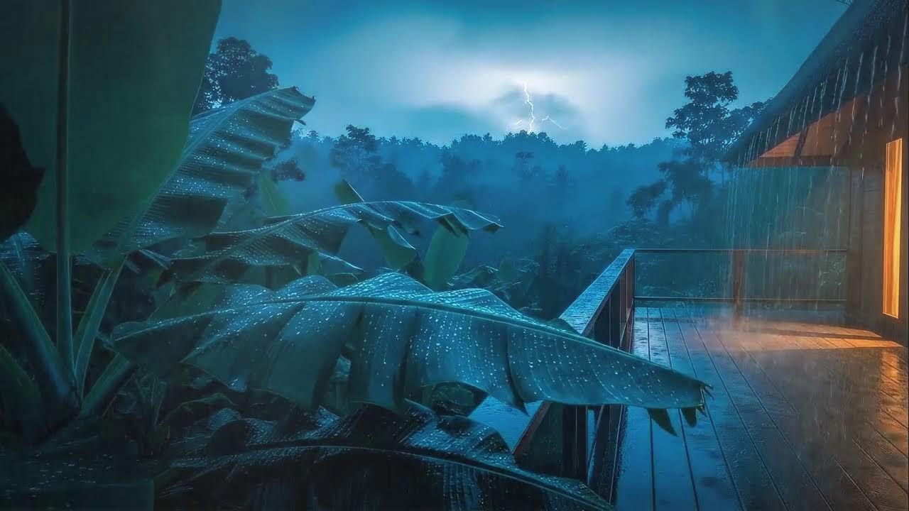 Instant Sleep with Warm Rainfall and Soft Thunder Murmur at Cabin Terrace 🌧️