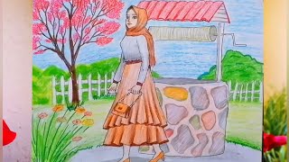 رسم منظر طبيعي جميل بالألوان الخشبية مع  بنت انيقة و محجبة| How to Draw a Scenery of Spring Season