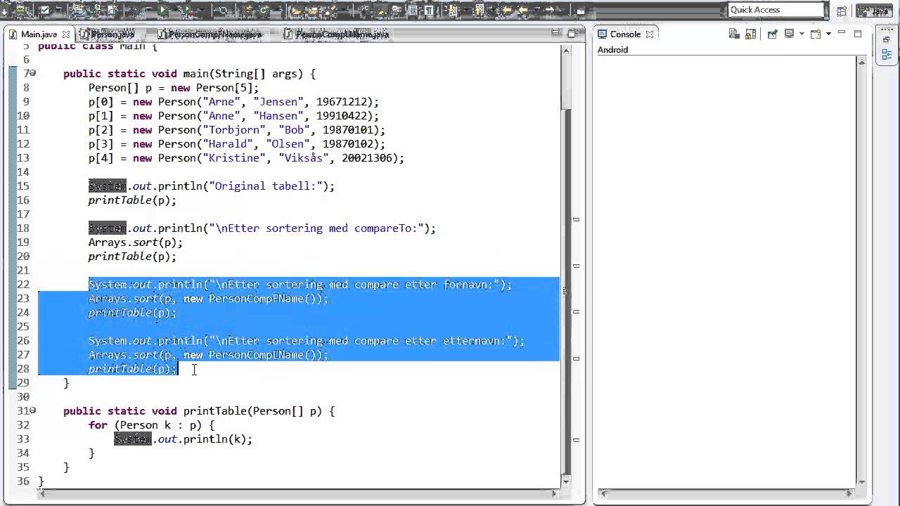 Java-programmering 38 - Sortering med compare() - YouTube