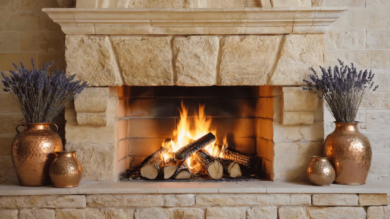 Fireplace – 10-Hour Rustic Limestone Hearth with Diagonal Burning Logs | Warm Flames in Full HD