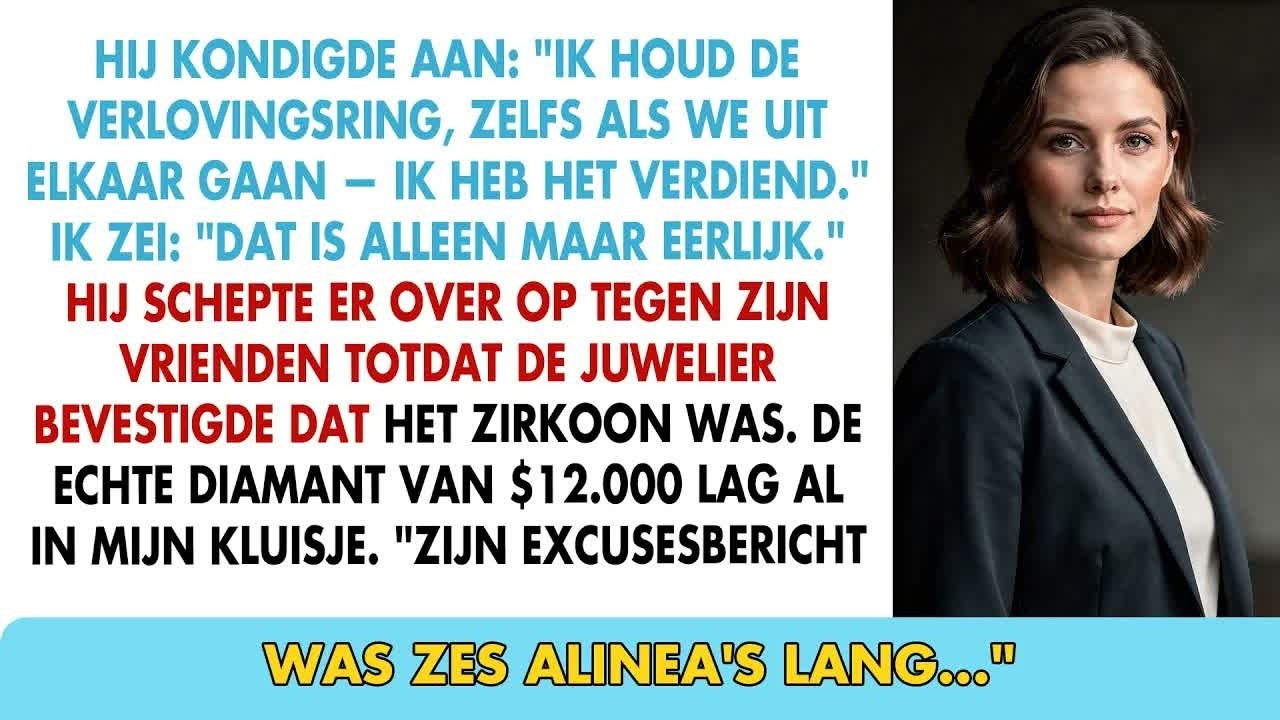 Ik had maandenlang gespaard voor de perfecte ring, en toen Derek hem om zijn vinger schoof, juichte iedereen. Maar die avond hoorde ik hem tegen zijn vrienden zeggen: "De ring is compensatie voor...