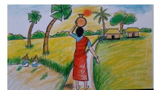 Beautiful  village scenery .Village girl drawing  easy.  Village working woman drawing.