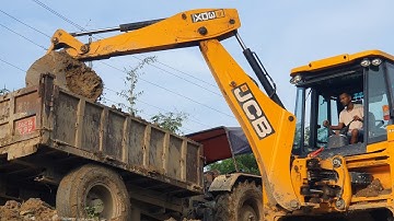 JCB Backhoe Loader Loading Dirt in Tractor - Tractor Carrying Soil For Road Construction- JCB Video