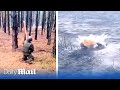 Russian soldier hits mine with stick and nearly gets his head blown off