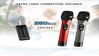 Wireless Microphone, UHF Wireless Dual Handheld Dynamic Mic System Set with Rechargeable Receiver