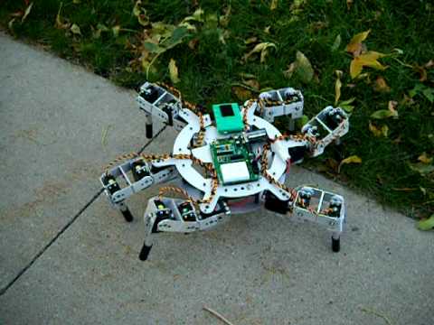AH3-R Hexapod with a BS2 microcontroller and dual Propeller servo controls walking outside