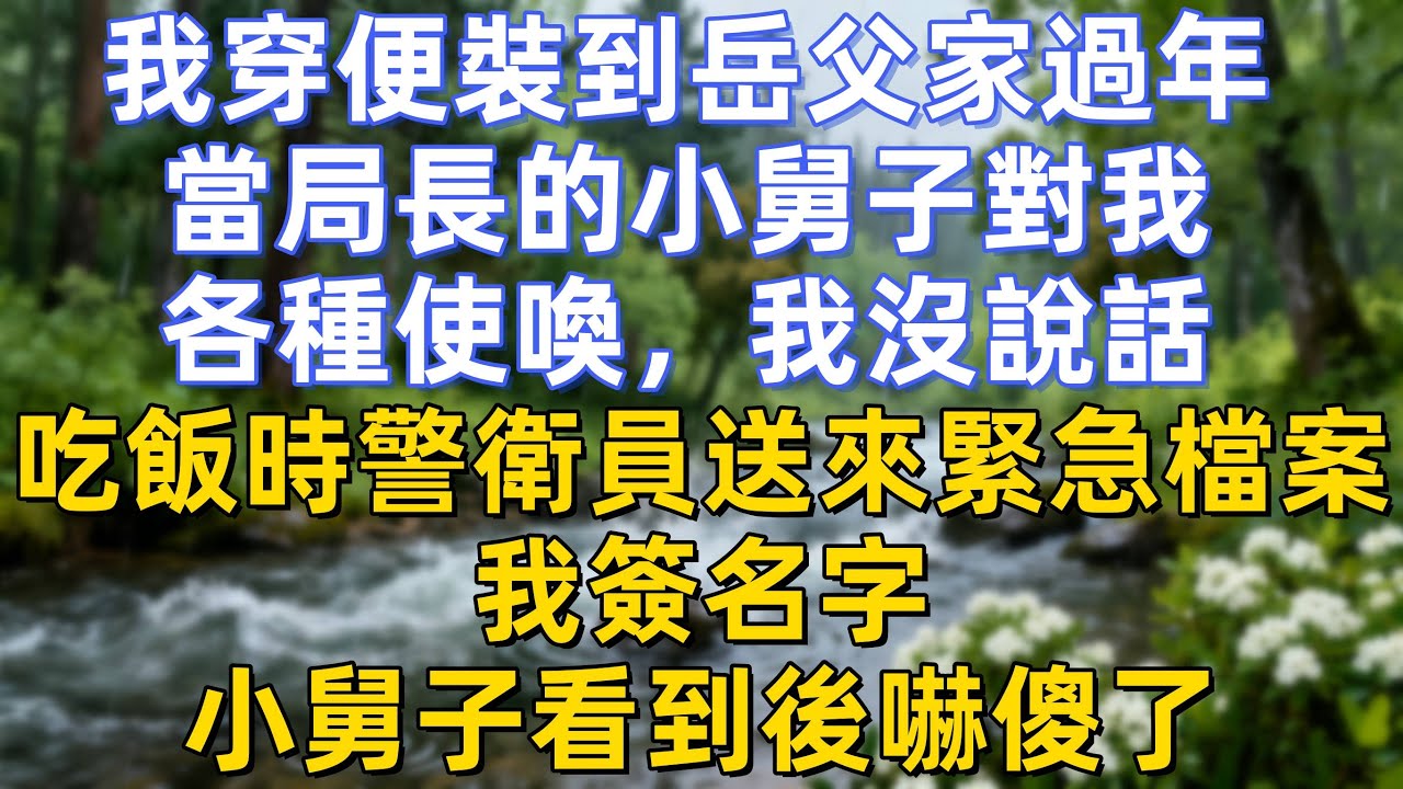 我穿便裝到岳父家過年，當局長的小舅子對我各種使喚，我沒說話。吃飯時警衛員送來緊急檔案，我簽名字，小舅子看到後嚇傻了