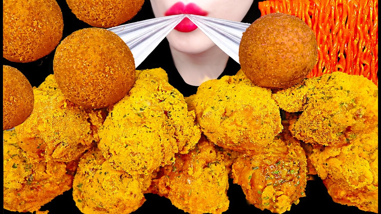 ASMR FRIED CHICKEN, CHEESE BALL 뿌링클 치킨 닭다리, 치즈볼 먹방 MUKBANG, EATING, SPICY NOODLES