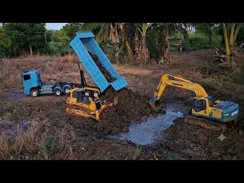 (Ep143) Construction of a river crossing road with a truck Trailer Hino500 KAMAZ Dozer Excavator