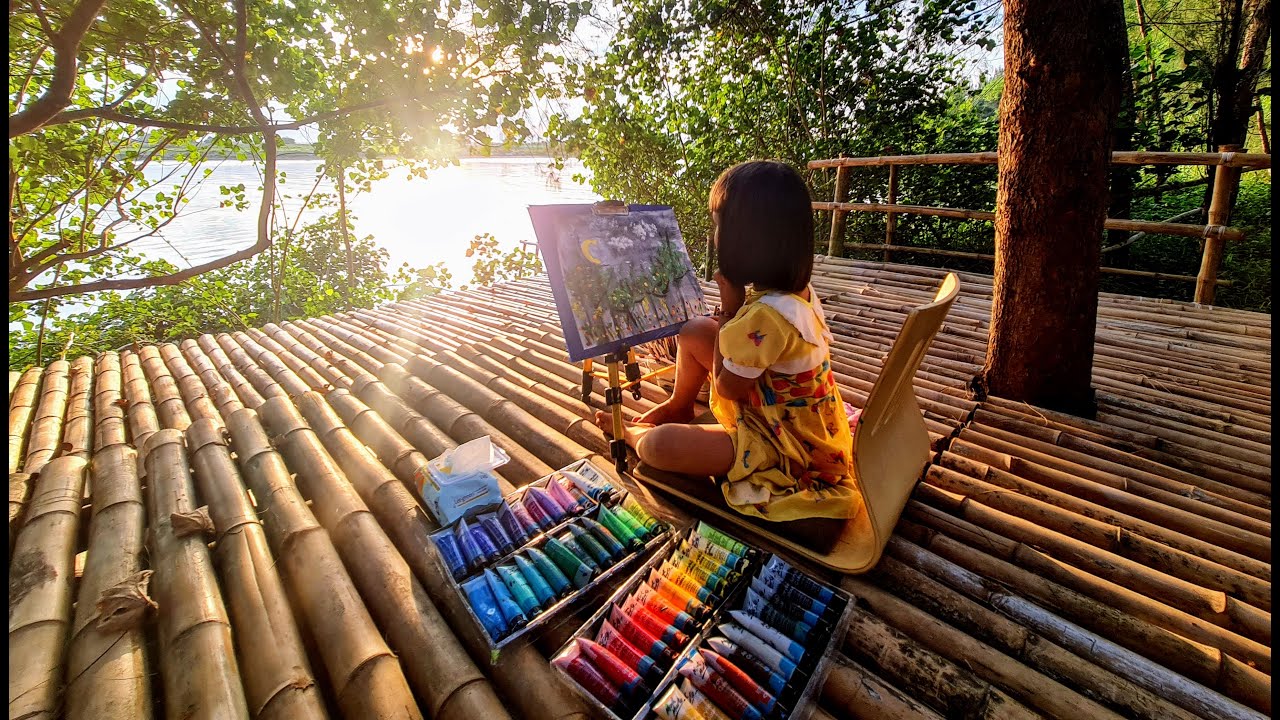 5-year-old kid artist Mia Mai paints near the river at sunset | Acrylic painting | Mia Mai Art | 4K
