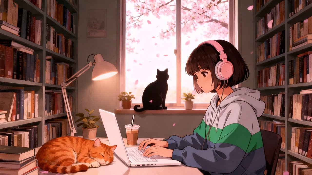 Relaxing lofi hiphop beats | Anime girl studying with cats, It was cherry blossom season.