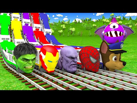 Two-story Heroes-Trains vs Pacman and Stones🚦 Fumikiri 3D Twisted Railroad Crossing Animation #train