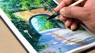 Simple Watercolor painting of Beautiful Bridge Road and Trees