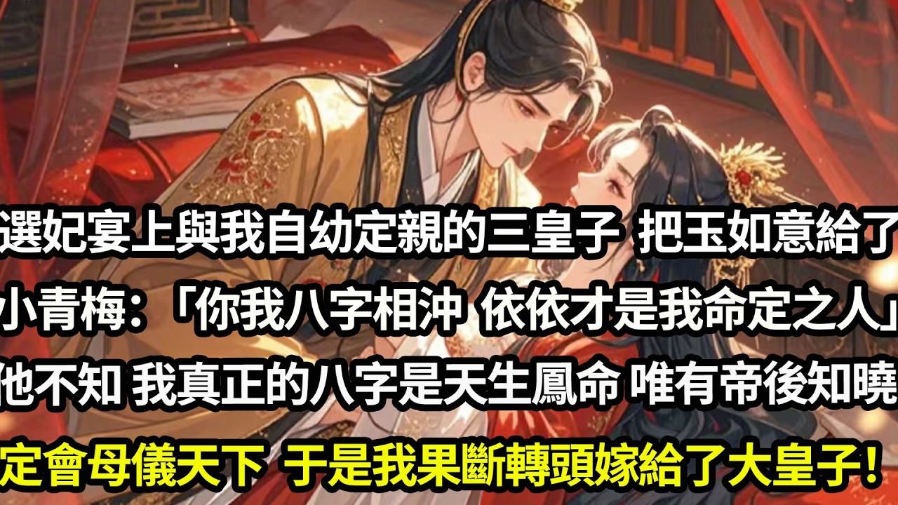 選妃宴上與我自幼定親的三皇子，把玉如意給了小青梅：「你我八字相沖，依依才是我命定之人」他不知我真正的八字其實是天生鳳命，唯有帝後知曉，定會母儀天下，於是我果斷轉頭嫁給了大皇子#愛情#完結