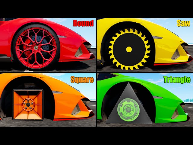 Round Wheel vs Saw Wheel vs Square Wheel vs Triangle Wheel - Beamng drive class=