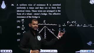 A uniform wire of resistance R is stretched uniformly n times and then cut to form five identica